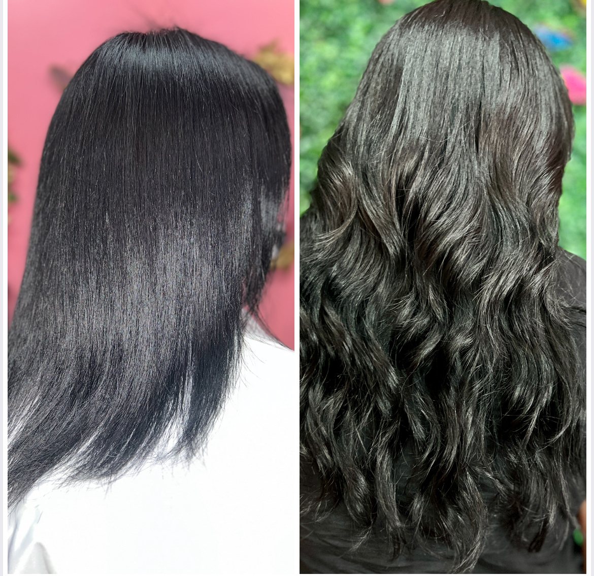 Before-and-after dark hair extension transformation by Rachelle LaNae